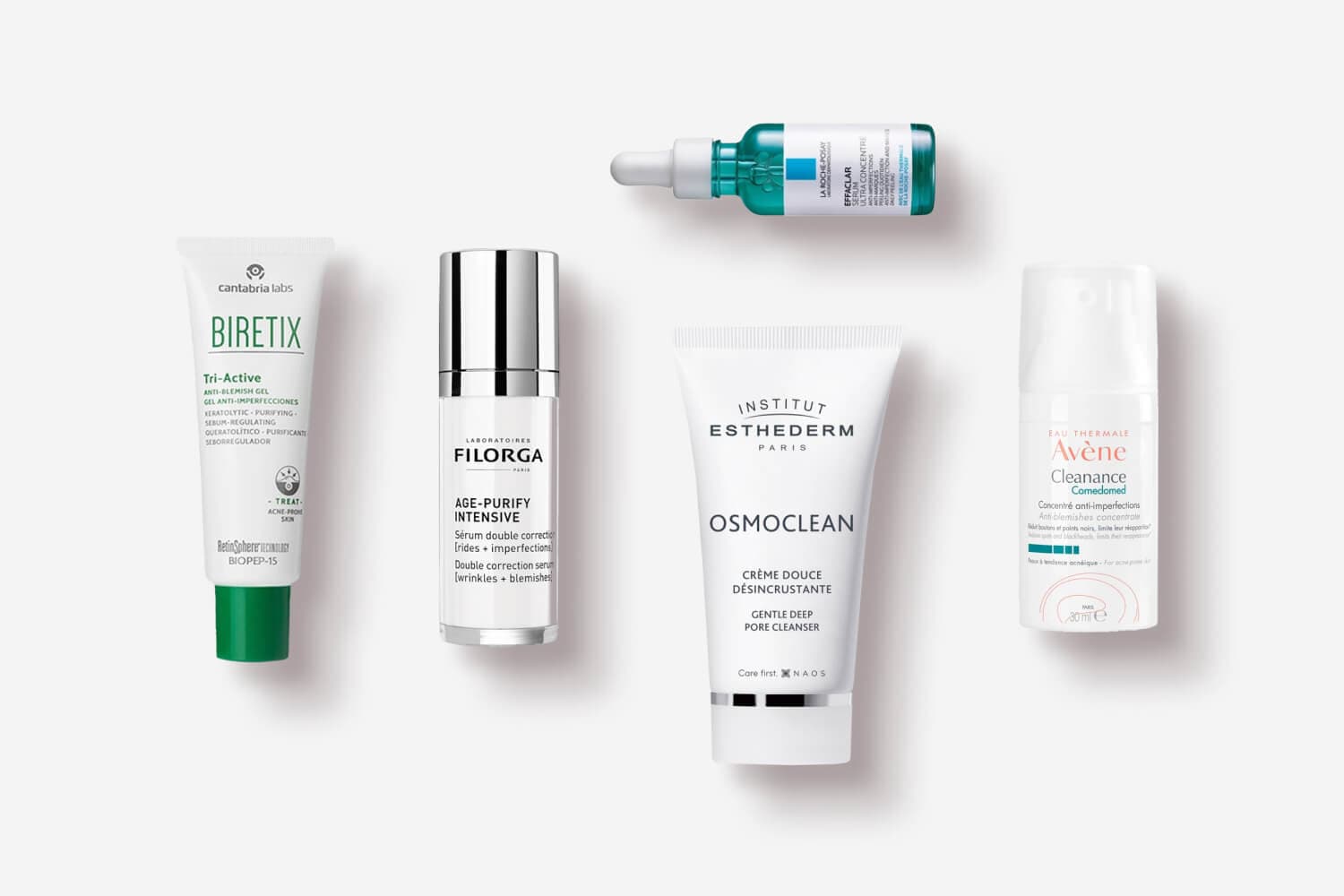 Biretix Tri-Active gel, Filorga Age-Purify Intensive serum, La Roche-Posay Effaclar Serum, Institut Esthederm Osmoclean and Avène Cleanance Comedomed.