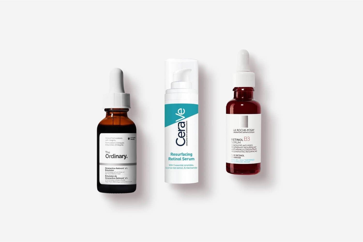 The Ordinary Granactive Retinoid 2% Emulsion, CeraVe Resurfacing Retinol Serum and La Roche-Posay Retinol B3 Serum side by side