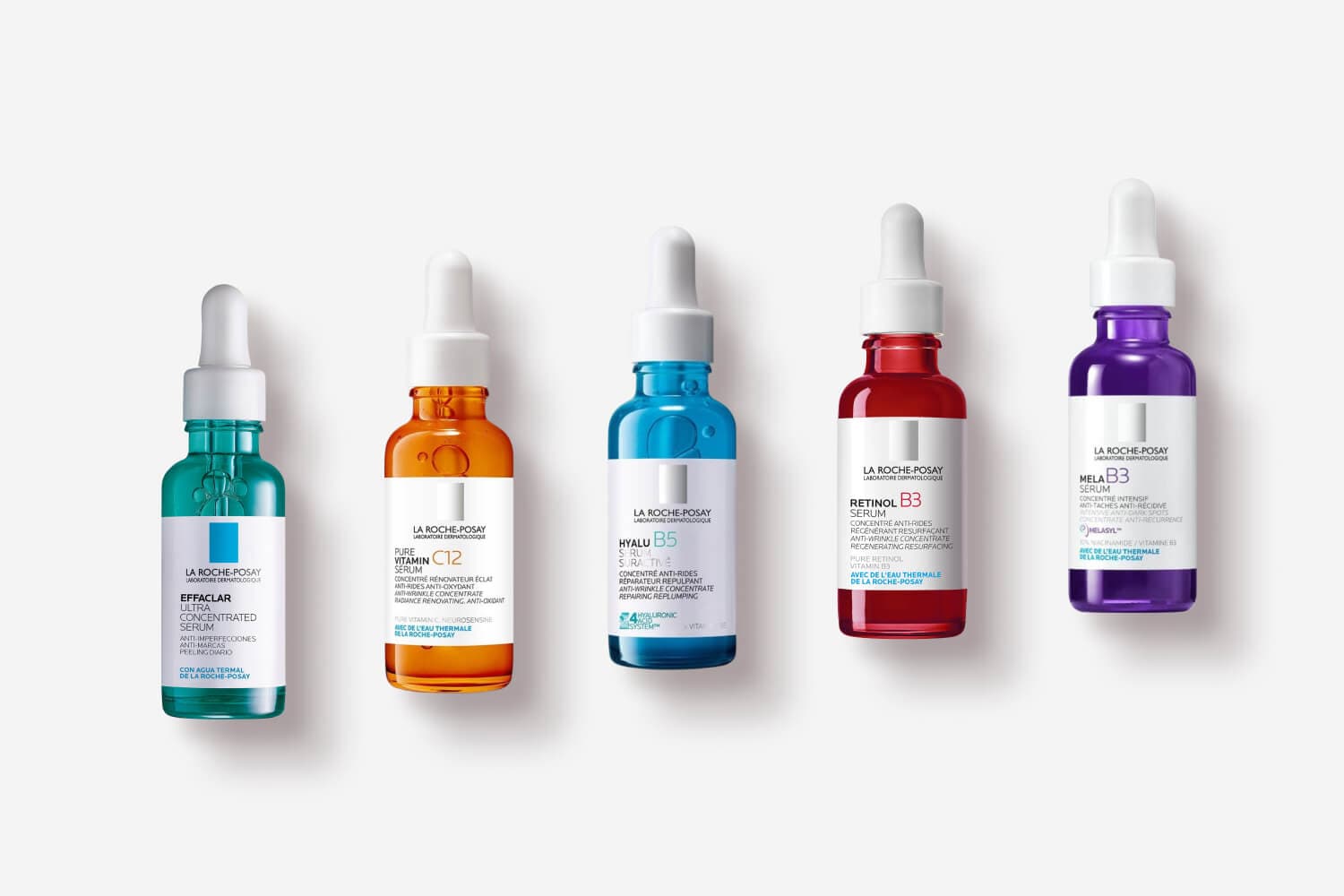 Five La Roche-Posay dropper serums in a row: Effaclar Ultra Concentrated, Pure Vitamin C12, Hyalu B5, Retinol B3 and Mela B3.