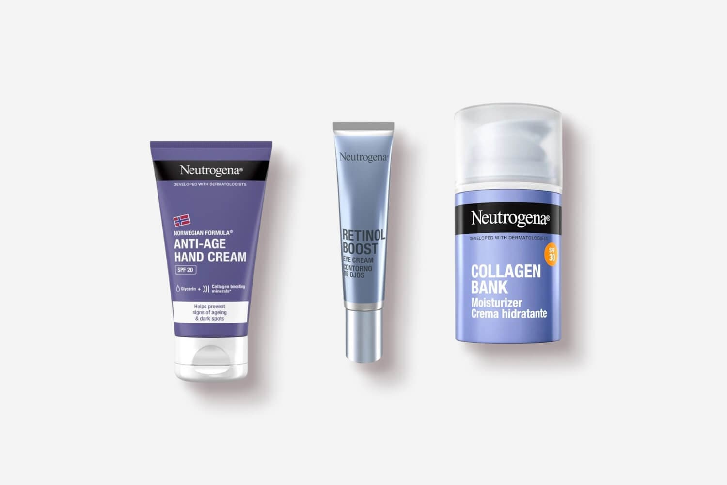 Neutrogena Norwegian Formula Anti-Age Hand Cream SPF 20, Retinol Boost Eye Cream and Collagen Bank Moisturizer SPF 30