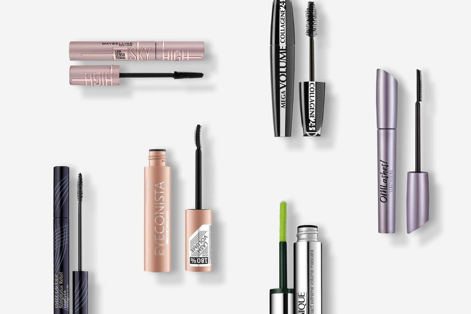 Maybelline Lash Sensational Sky High, L'Oréal Mega Volume Collagène 24H, Essence OMLashes!, Estée Lauder Sumptuous Rebel, Catrice Eyeconista, Clinique mascaras Maybelline Lash Sensational Sky High, L'Oréal Mega Volume Collagène 24H, Essence OMLashes!, Estée Lauder Sumptuous Rebel, Catrice Eyeconista, Clinique mascaras