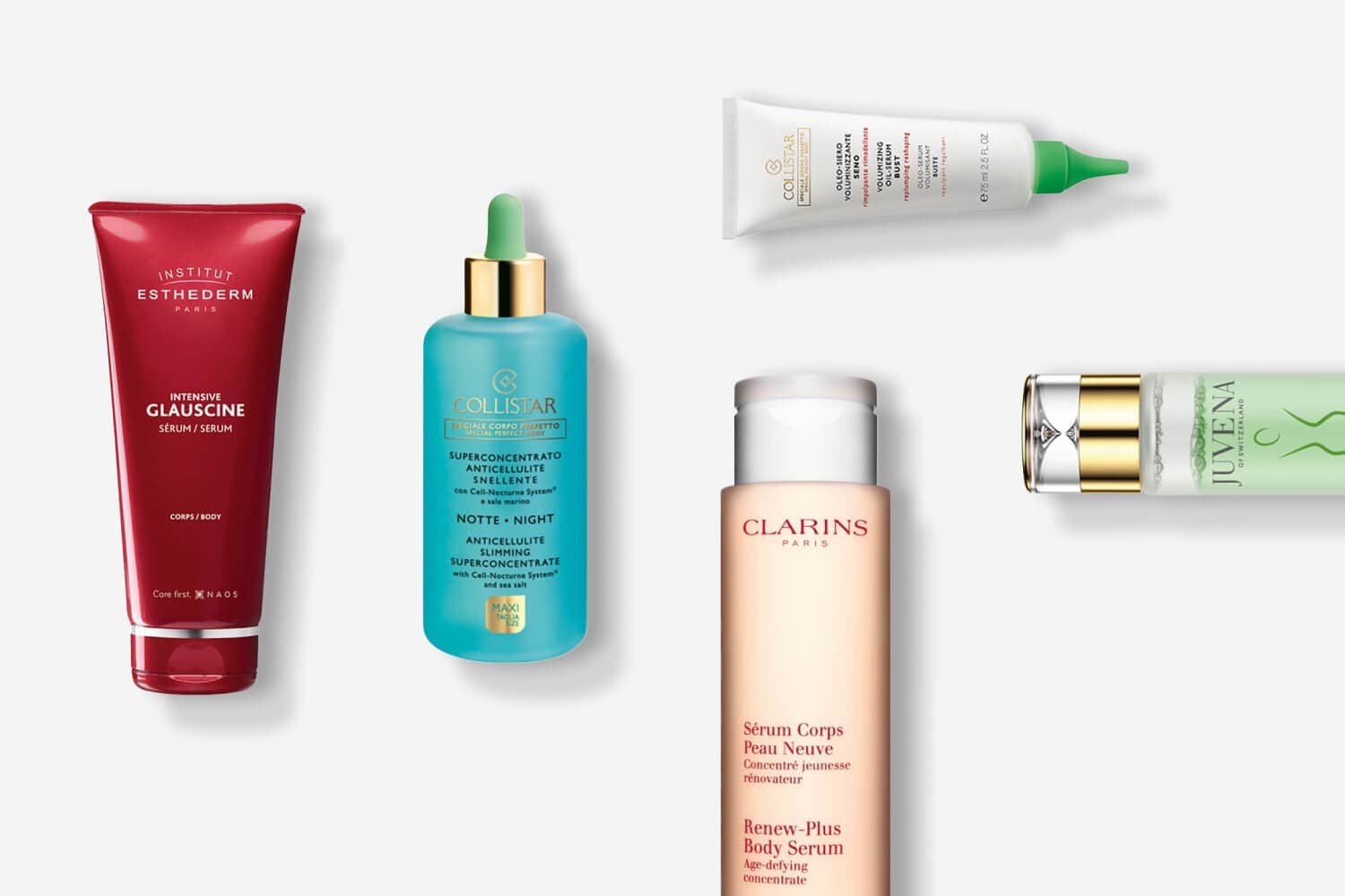 Institut Esthederm Intensive Glauscine, Collistar Anticellulite Slimming Superconcentrate and Volumizing Oil-Serum Bust, Clarins Renew-Plus and Juvena on grey. Institut Esthederm Intensive Glauscine, Collistar Anticellulite Slimming Superconcentrate and Volumizing Oil-Serum Bust, Clarins Renew-Plus and Juvena on grey.