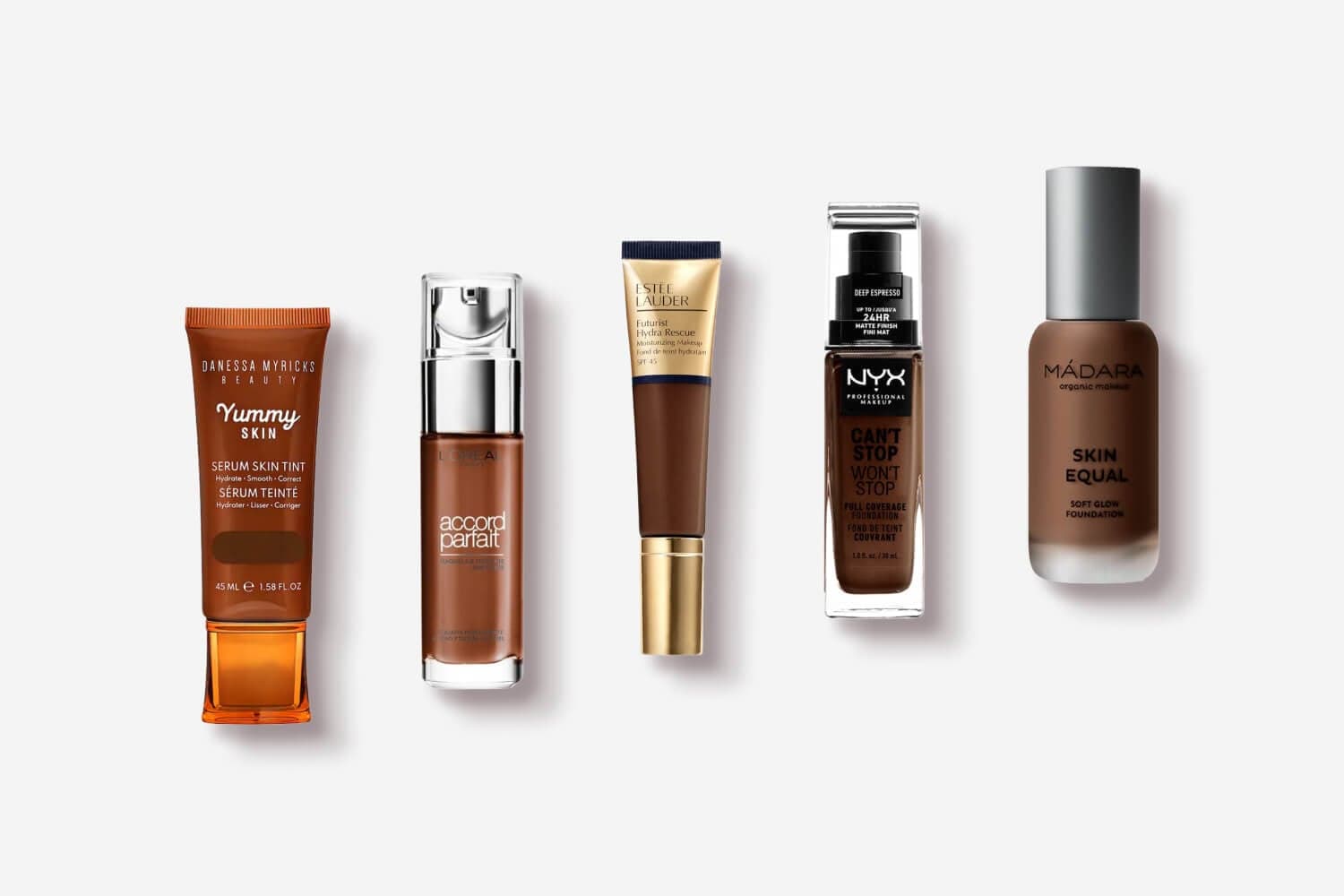 Danessa Myricks Yummy Skin, L'Oréal Accord Parfait, Estée Lauder Futurist Hydra Rescue, NYX Can't Stop Won't Stop and Mádara Skin Equal in deep shades Danessa Myricks Yummy Skin, L'Oréal Accord Parfait, Estée Lauder Futurist Hydra Rescue, NYX Can't Stop Won't Stop and Mádara Skin Equal in deep shades