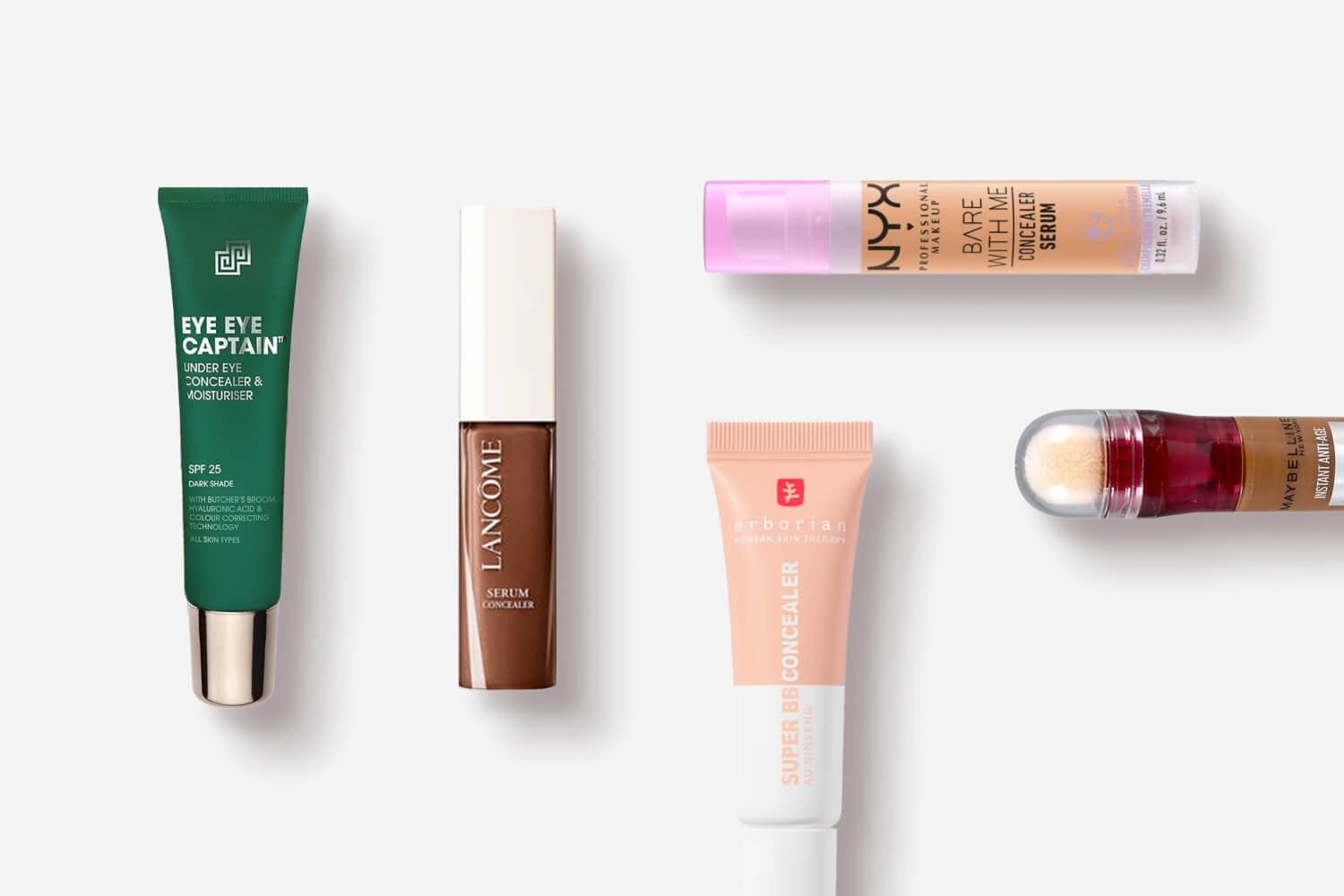 Eye Eye Captain under eye concealer SPF 25, Lancôme Serum Concealer, NYX Bare With Me, Erborian Super BB and Maybelline Instant Anti-Age on grey.