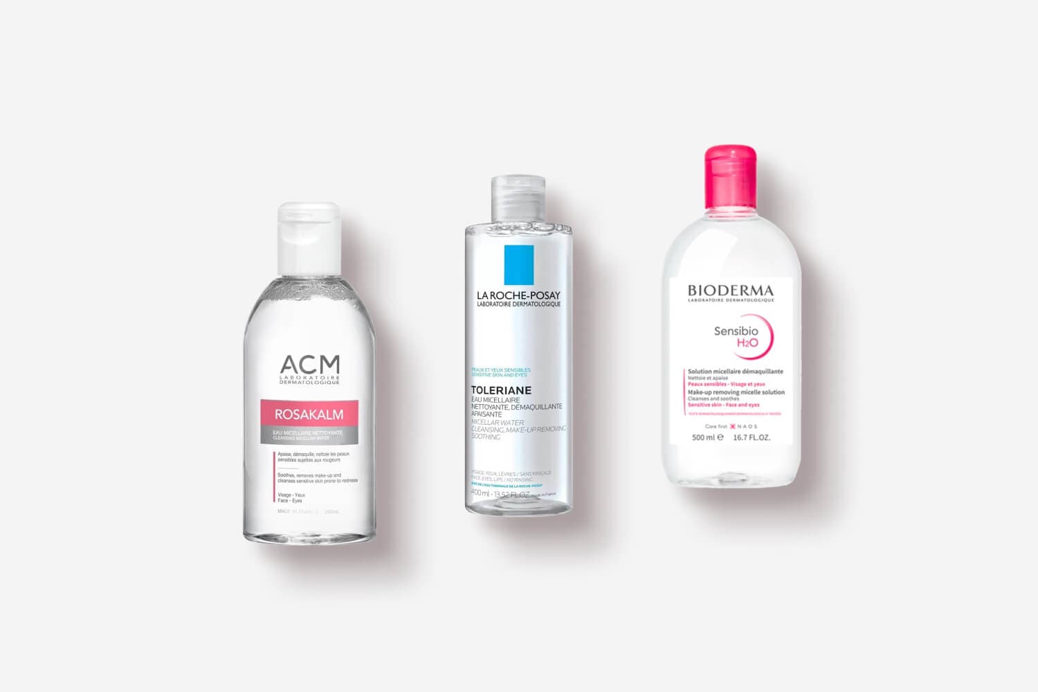ACM Rosakalm, La Roche-Posay Toleriane 400 ml and Bioderma Sensibio H2O 500 ml micellar waters side by side on grey.