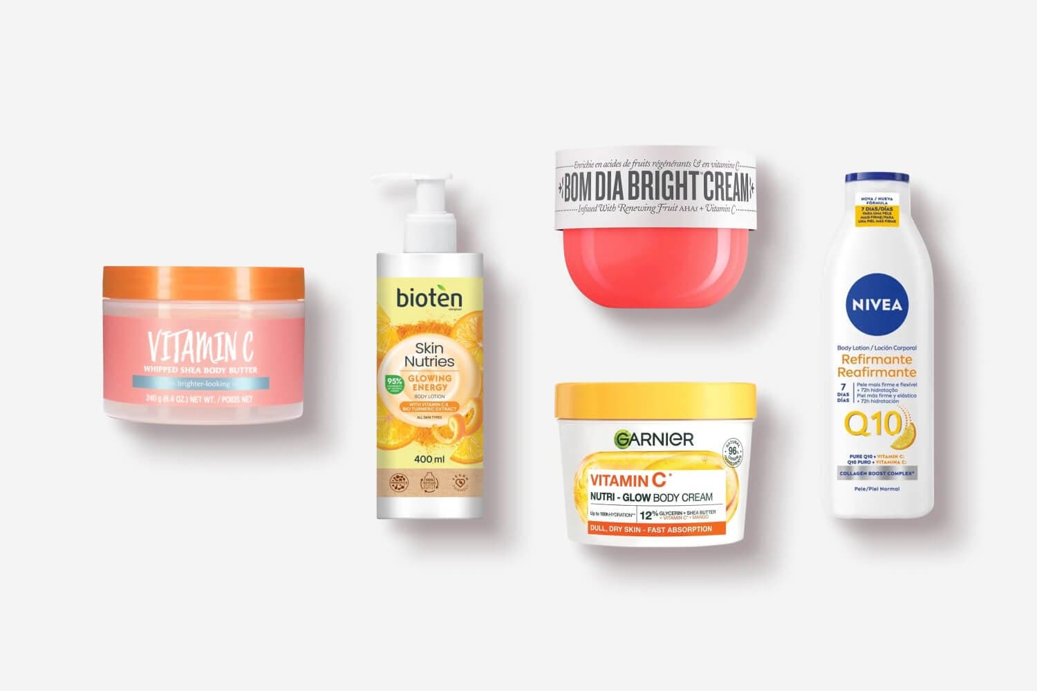 Vitamin C Whipped Shea Body Butter, Bioten Skin Nutries Glowing Energy, Sol de Janeiro Bom Dia Bright Cream, Garnier Nutri-Glow and Nivea Q10 Refirmante