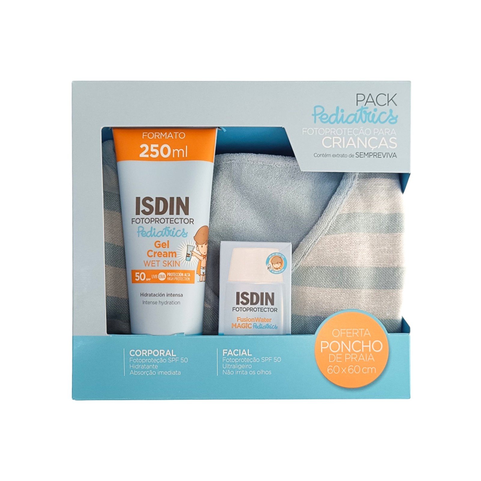 ISDIN Fotoprotector Pediatrics Gel-Creme Wet Skin SPF50 250ml + Fusion Water Magic Pediatrics SPF50 50ml + Poncho: Produktbild