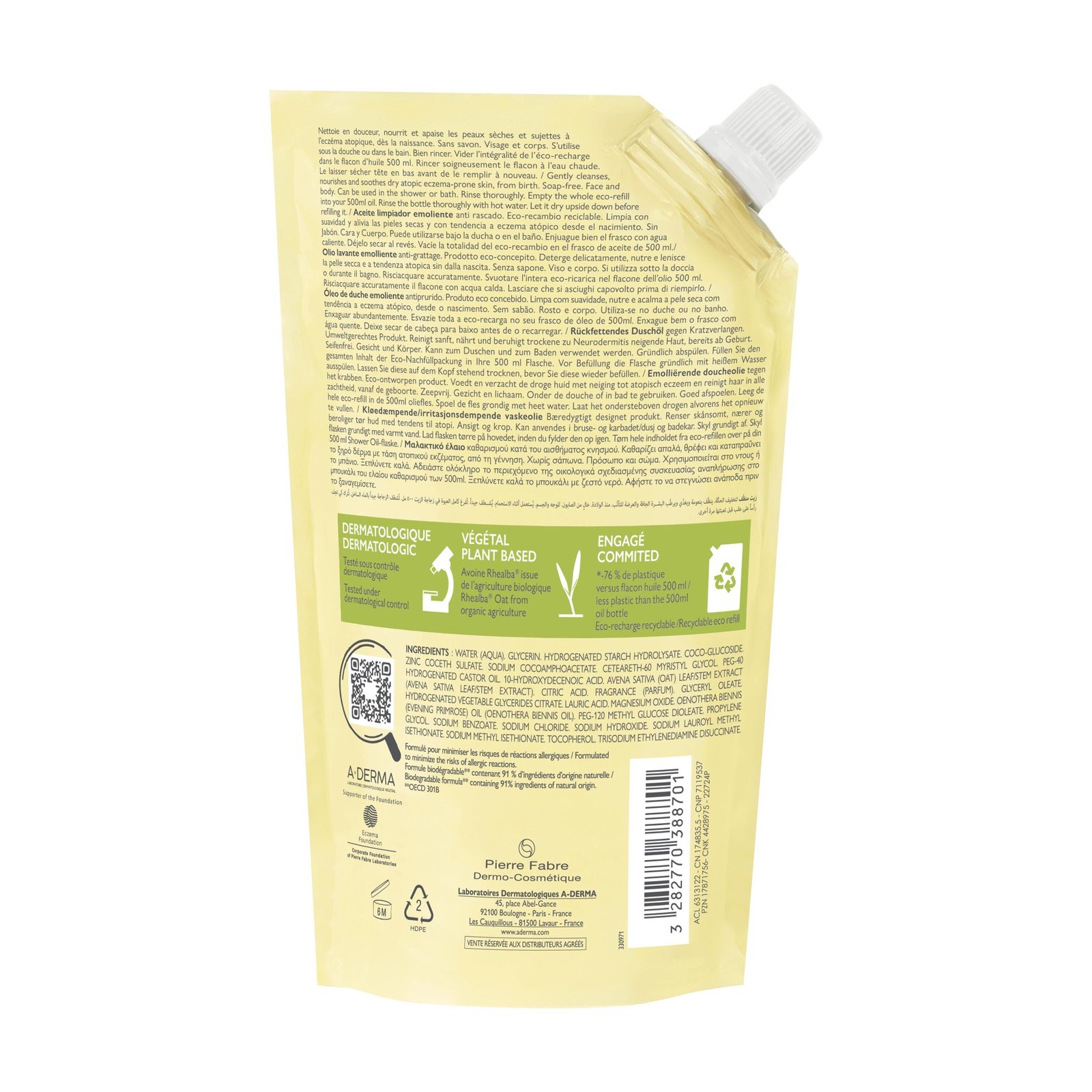 A-Derma Exomega Control Blødgørende Bruseolie Refill 500ml