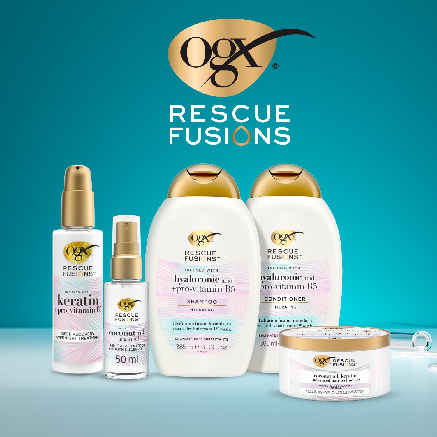 OGX Rescue Fusions شامبو حمض الهيالورونيك + برو-فيتامين B5 385ml