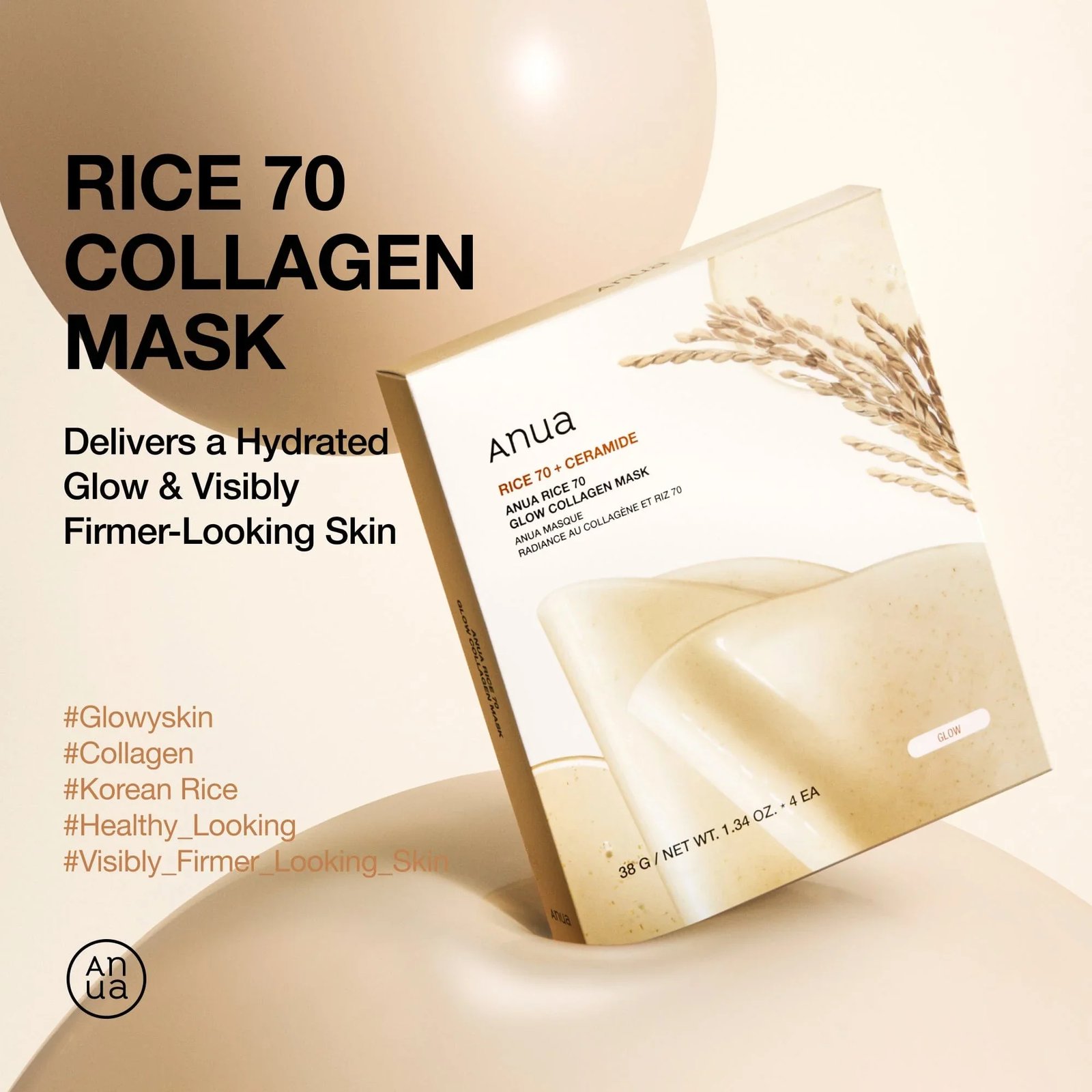 Anua Rice 70 + Ceramide Glow Kolagjen Maskë 4x38g