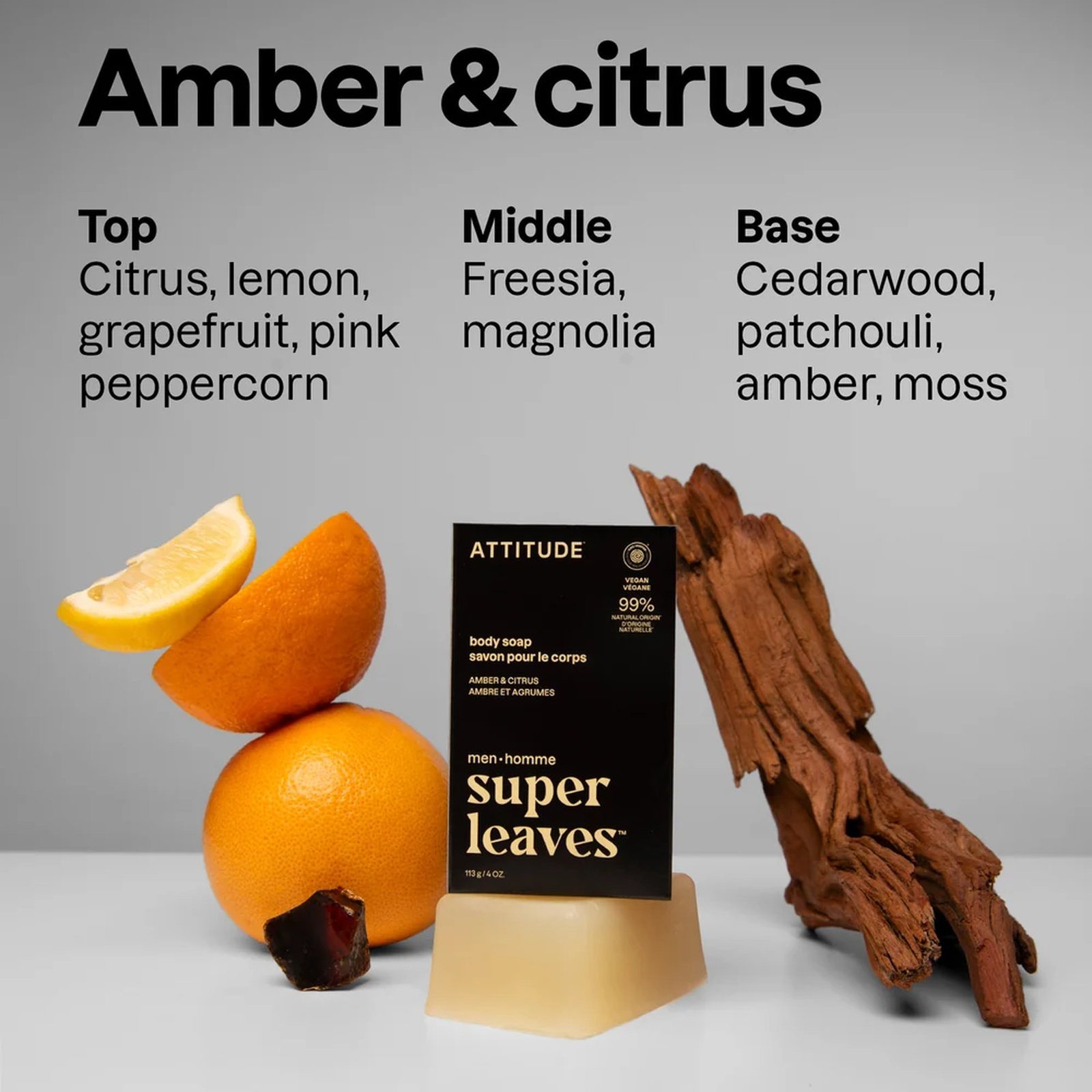 ATTITUDE Super Leaves Men Body Soap Amber & Citrus 113g