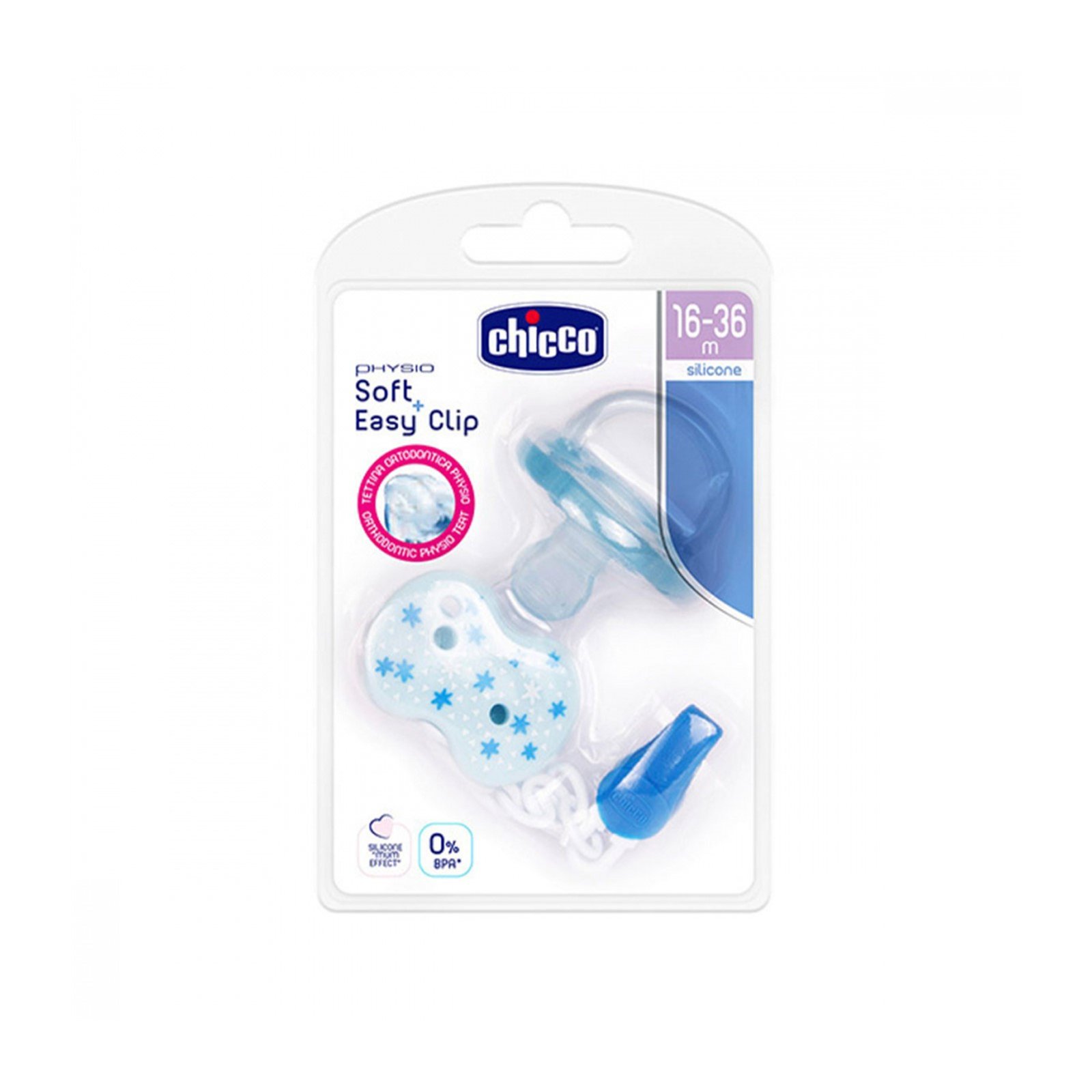 Chicco Physio مصاصة سيليكون ناعمة + مشبك سهل 16-36 شهرًا أزرق