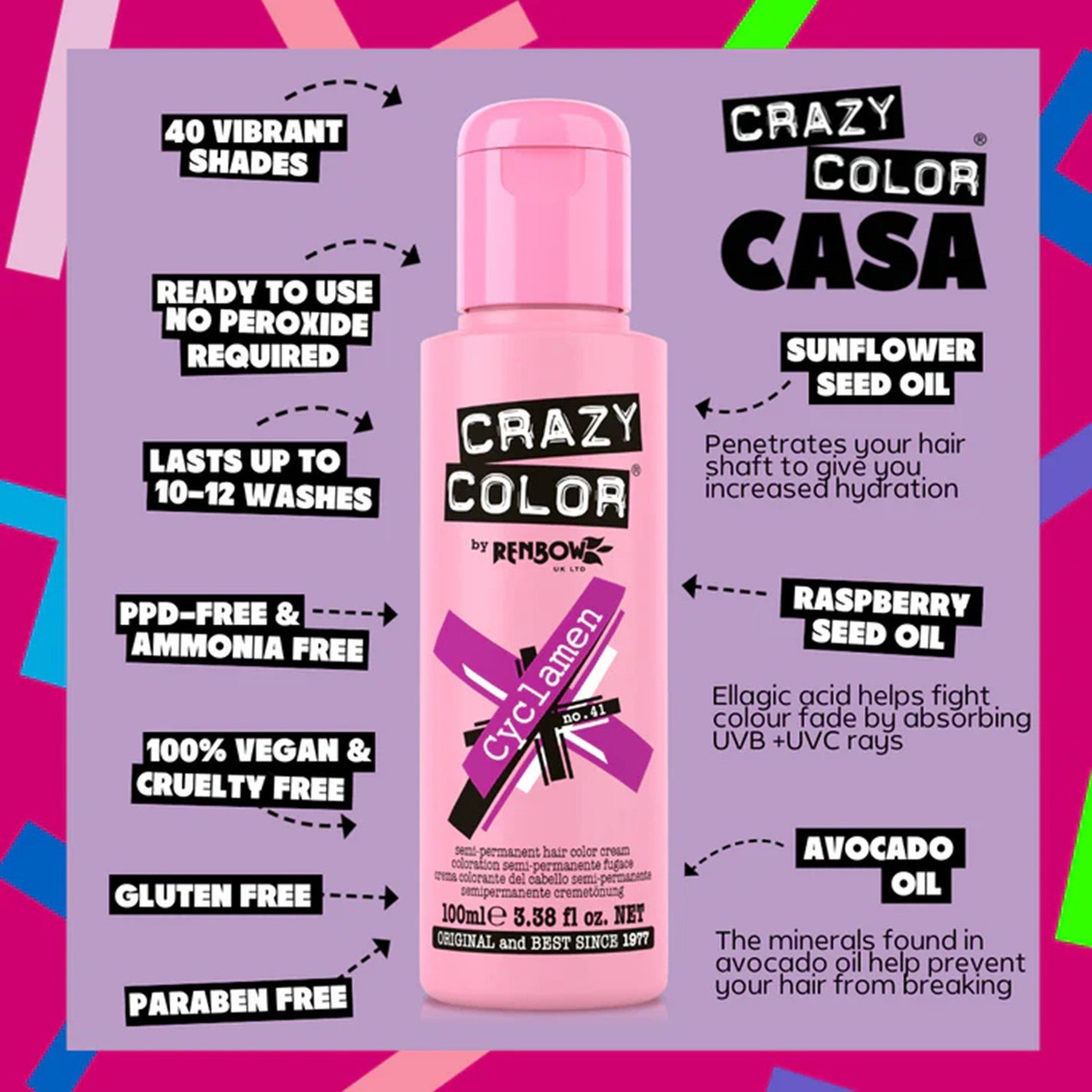 Crazy Color Semi-Permanent Hair Color Cream 41 Cyclamen 100ml