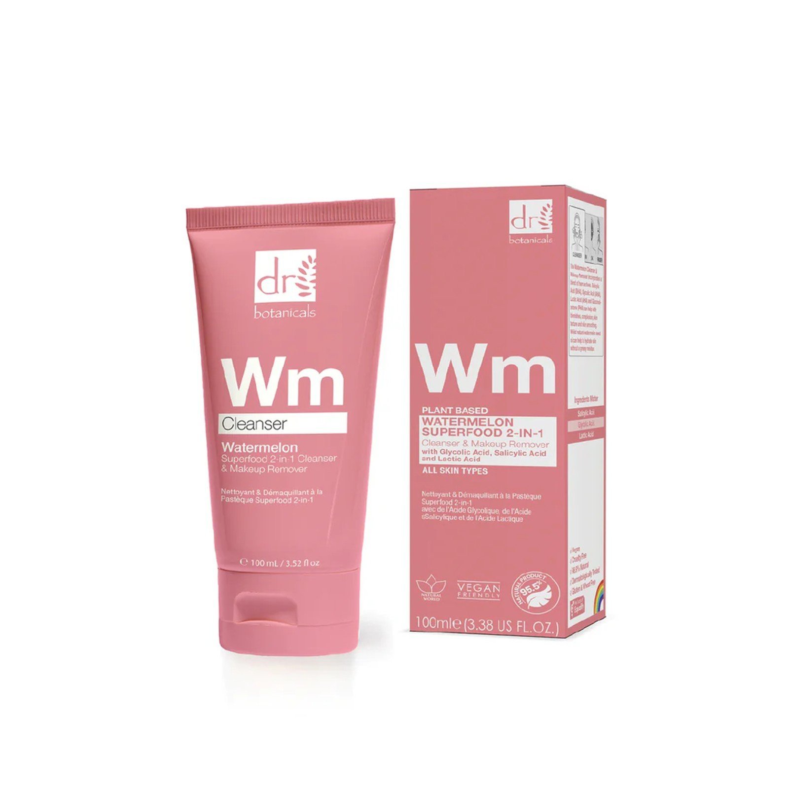 Dr. Botanicals Watermelon Superfood 2-In-1 Cleanser & Makeup Remover with Glycolic Acid, Salicylic Acid & Lactic Acid 100ml