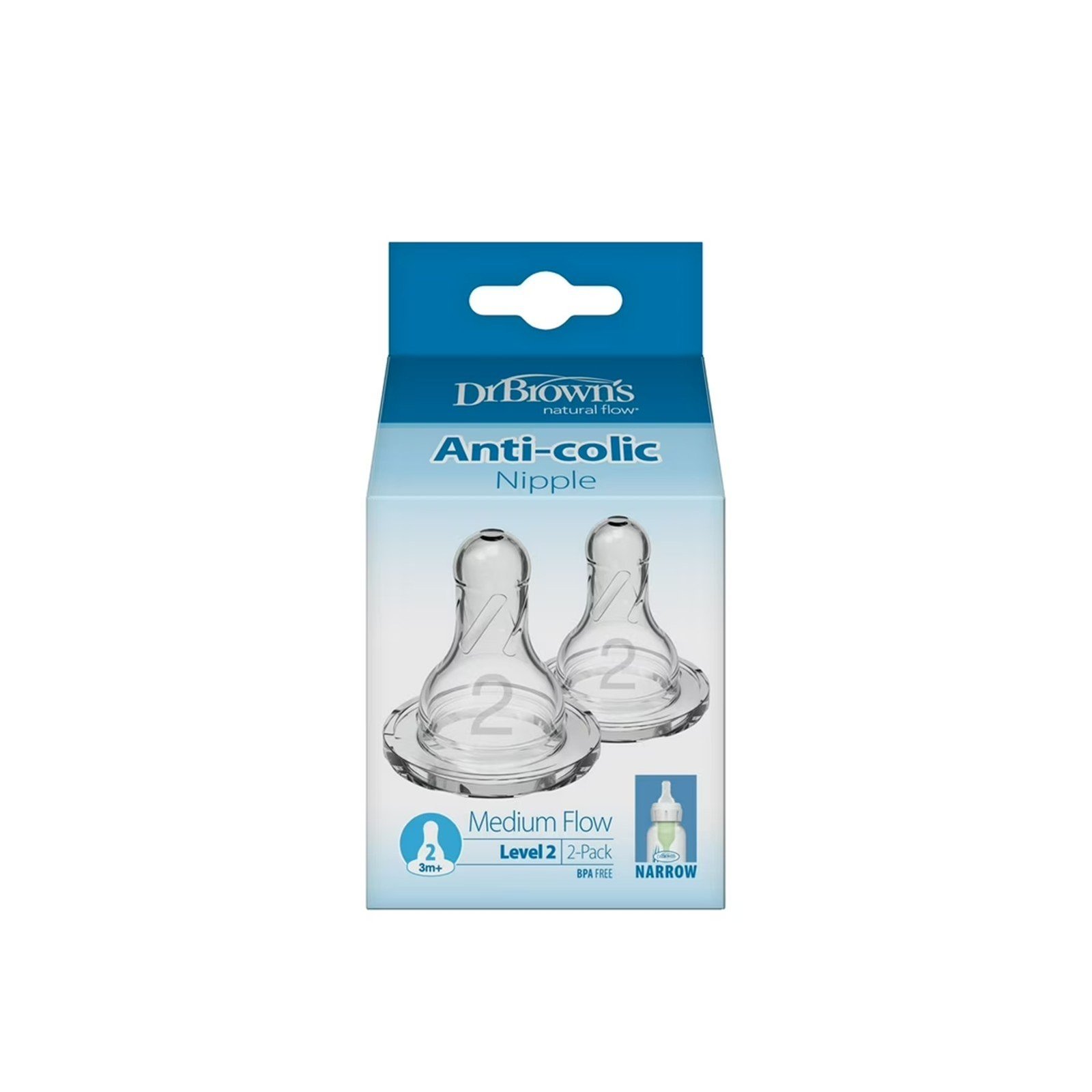 Dr. Brown's Medium Flow Narrow Baby Bottle Silicone Nipple 3m+ x2