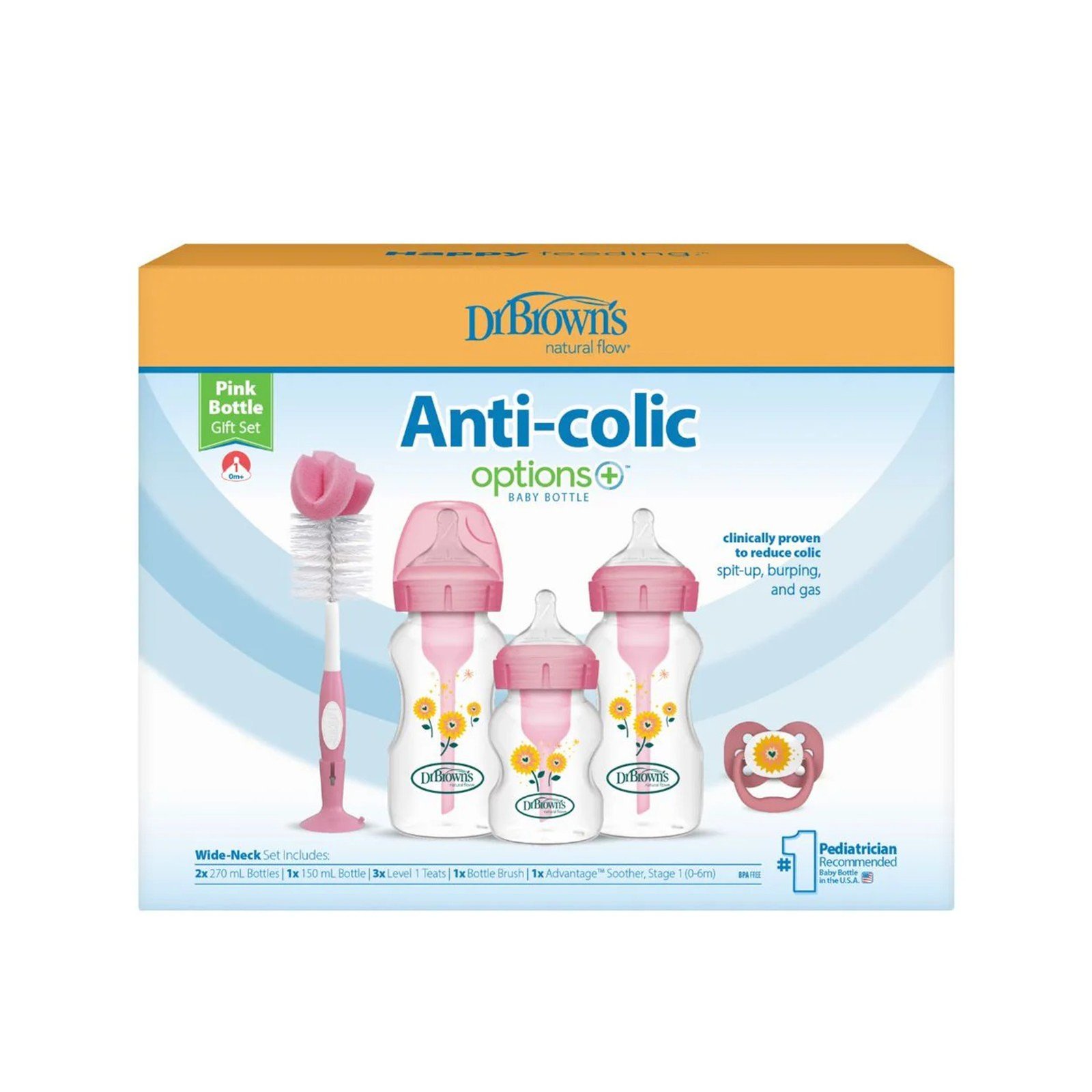 Dr Brown's Coffret Cadeau Options+ Biberons Anti-Coliques Col Large en Plastique Sans BPA Rose