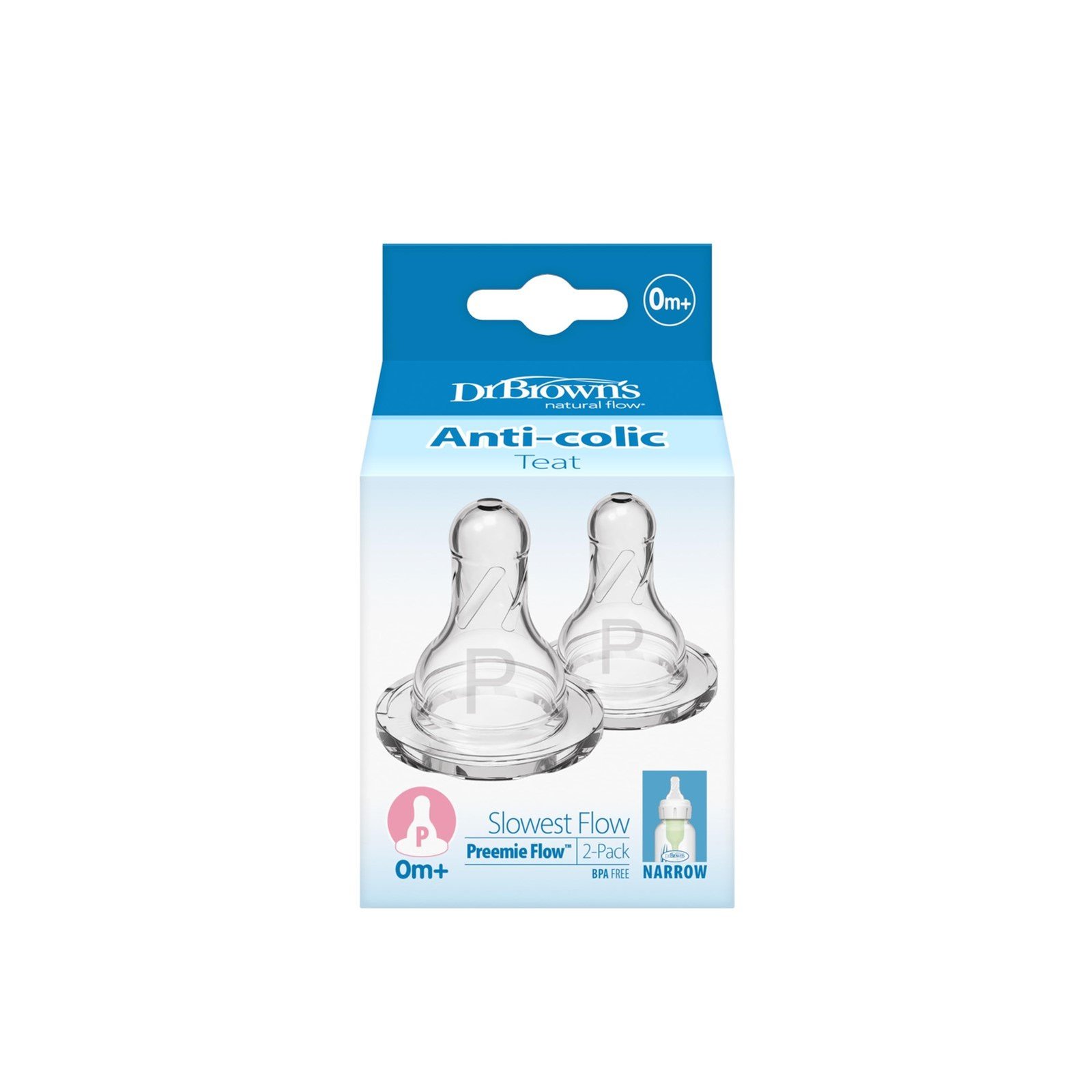 Dr. Brown's Slowest Preemie Flow Narrow Baby Bottle Silicone Nipple 0m+ x2