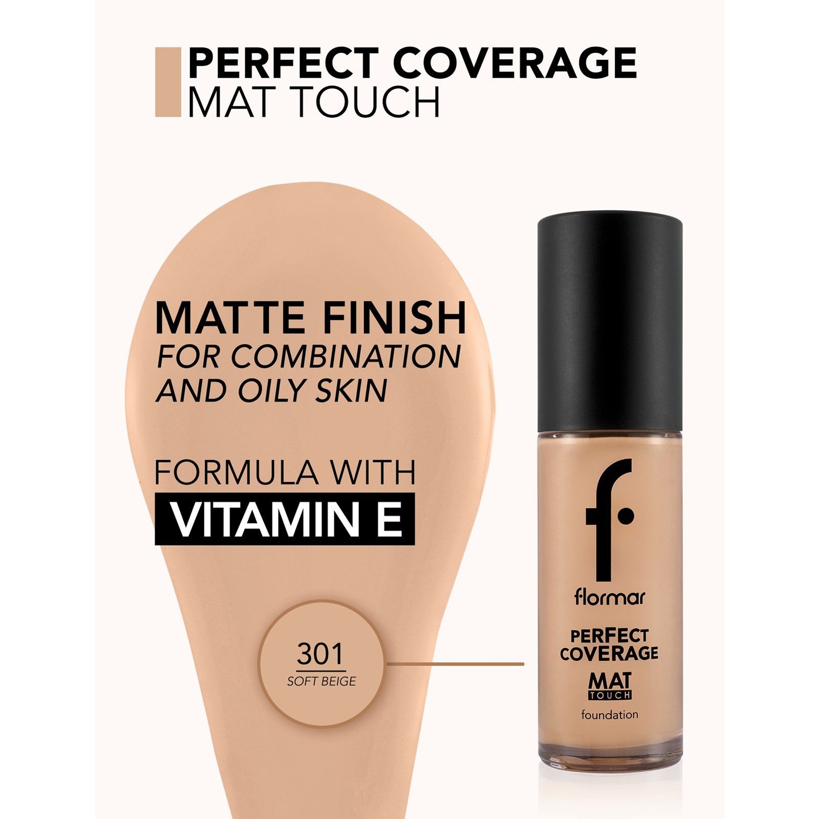 Flormar Perfect Coverage Mat Touch Foundation 301 Soft Beige 30ml (1floz)