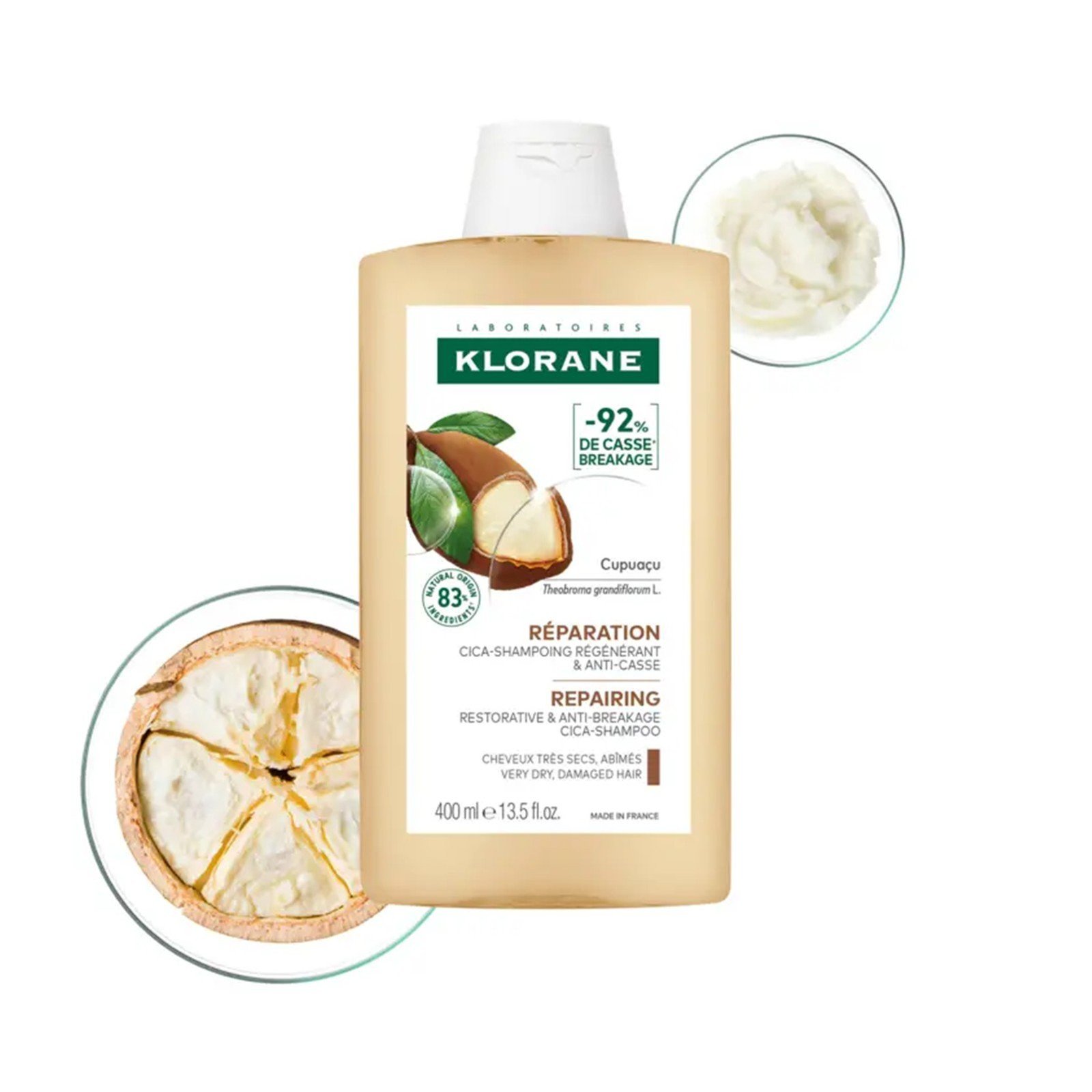 Klorane Repareringsschampo Återuppbyggande & Anti-Brott Cupuaçu-Smör Cica-Schampo 400ml