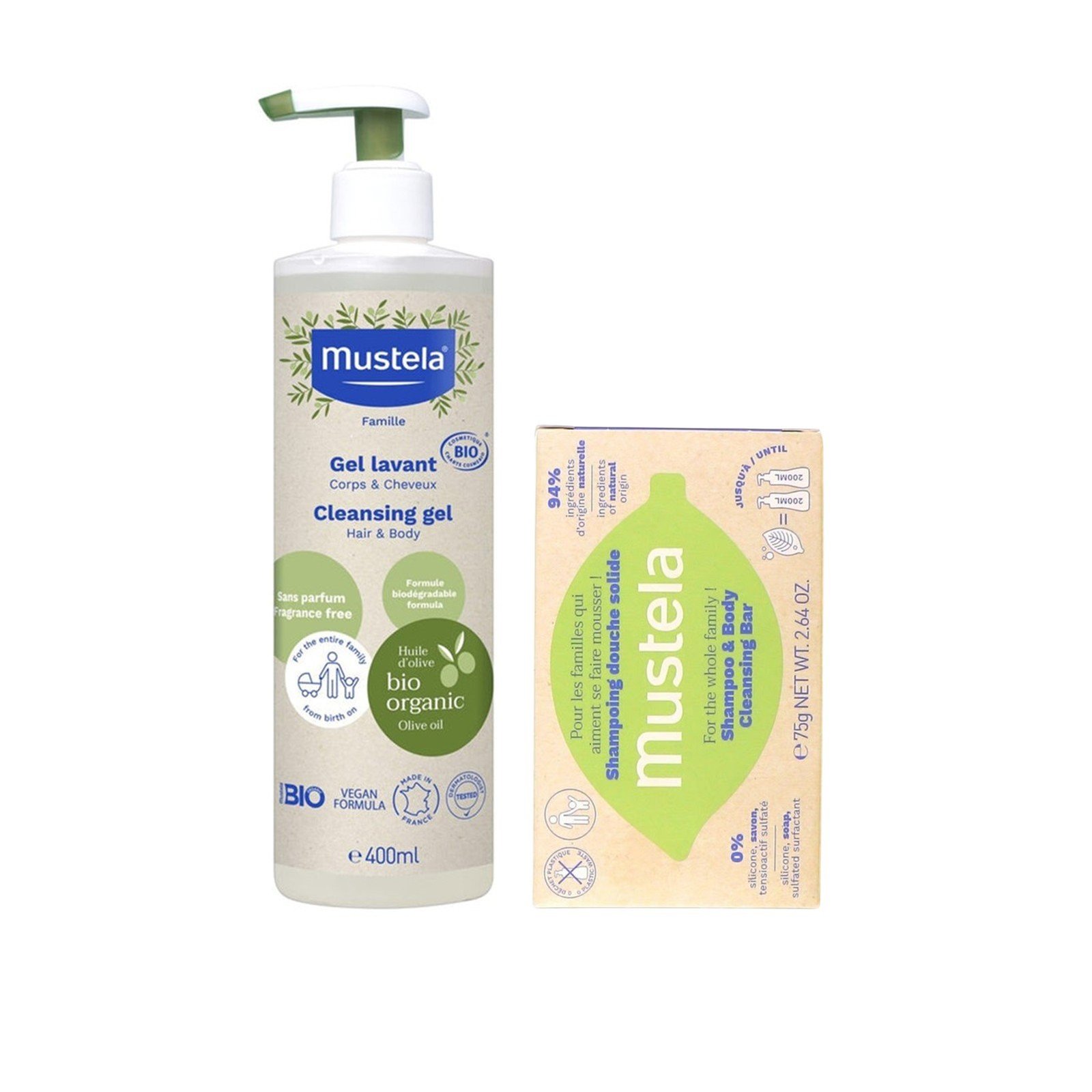 Mustela BIO عضوي جل تنظيف خالي من العطر 400ml + شامبو & جسم قطعة تنظيف 75g