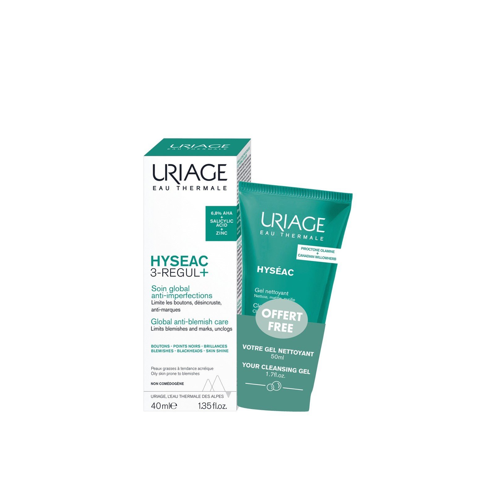 Uriage Hyséac 3-Regul+ عناية شاملة لمكافحة الشوائب 40 مل + جل منظف 50 مل