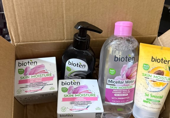 A set of Bioten skincare products, including gel cream, micellar water, cleanser, and facial scrub in a box. review